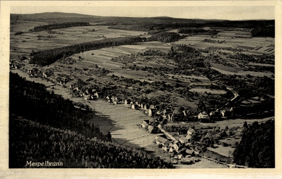 Postcard Mespelbrunn in the Spessart Lower Franconia, landscape view of Mespelbrunn with village, fields, Wä