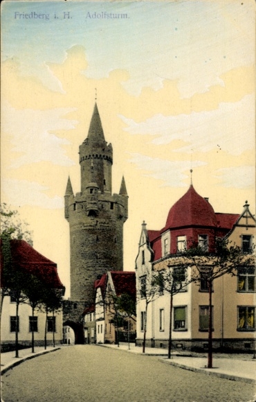 Postcard Friedberg in Hesse, Adolfsturm, street with houses, trees, clouds