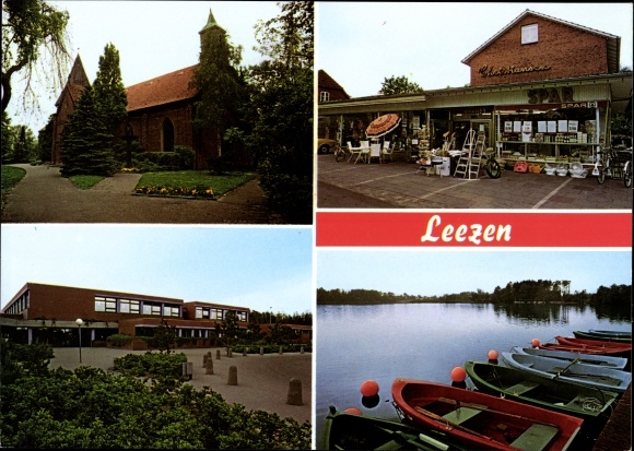 Ak Leezen Schleswig Holstein, Kirche, Geschäft, Schule, Boote