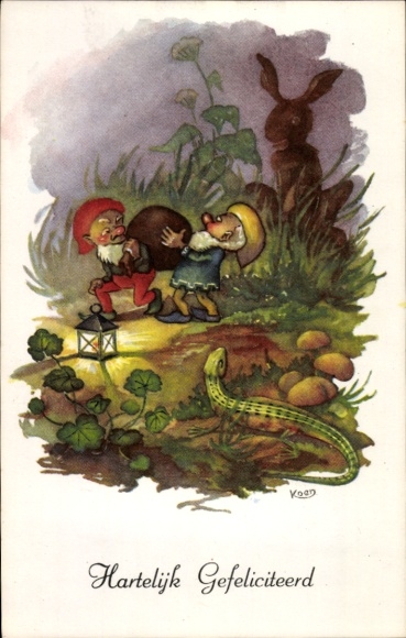Artist Postcard Koen, Congratulations, Hartelijk Gefeliciteerd, Gnomes, Hand Lantern, Lizard