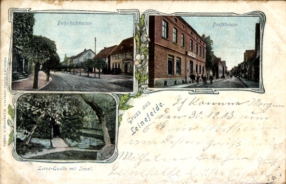 KP Leinefelde w Eichsfeld Turyngia, Bahnhofstrasse, Dorfstrasse, Leinequelle, wyspa