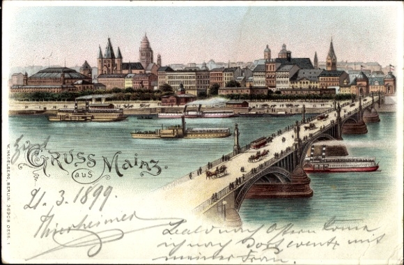 Chromo-Litho Mainz on the Rhine, panorama, bridge, ships
