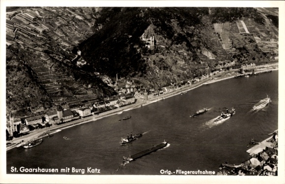 Ak St. Goarshausen am Rhein, Burg Katz, Fliegeraufnahme