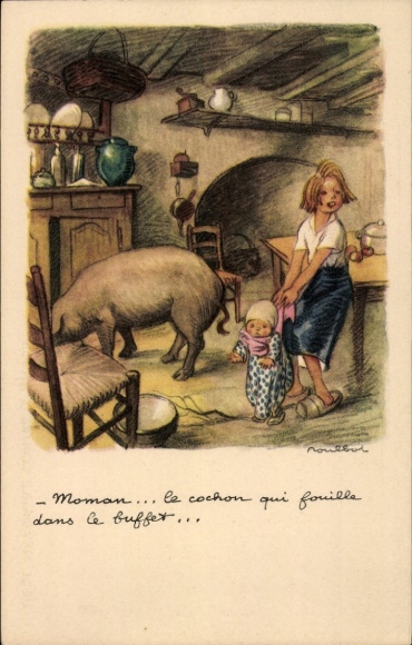 Kunstenaarskaart Poulbot, Francisque, kinderen en varken in een keuken