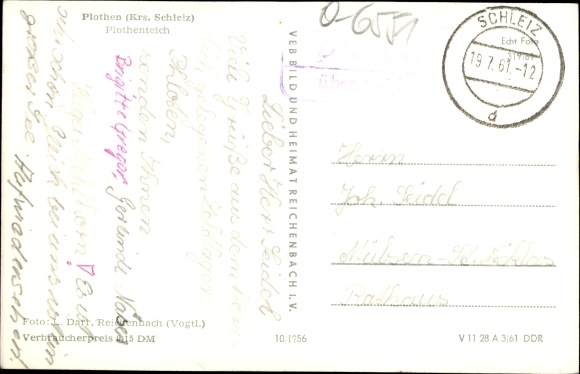 Postcard country postmark, Plothen in Thuringia, Plothenteich