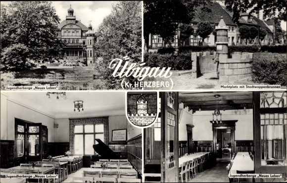 Postcard Uebigau Wahrenbrück Brandenburg, youth hostel New Life, city coat of arms fountain, market square