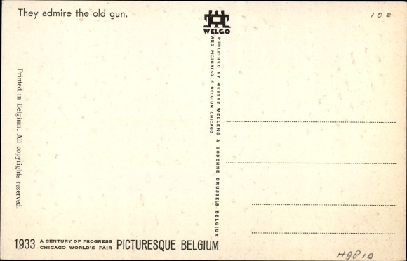 Artist Postcard Dratz, Chicago Illinois, World's Fair 1933, Pictoresque Belgium, They admire the old gun