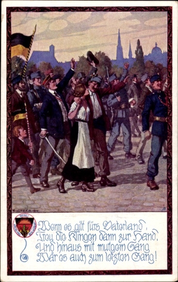 Studentika Artist Postcard Kutzer, Ernst, German School Association, When it counts for the Fatherland, Kuk Soldier