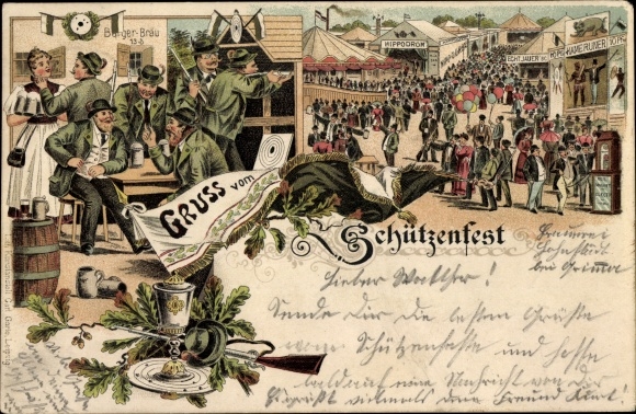 Chromo-Litho greeting from the Schützenfest, fairground, shooters, oak leaves, rifle
