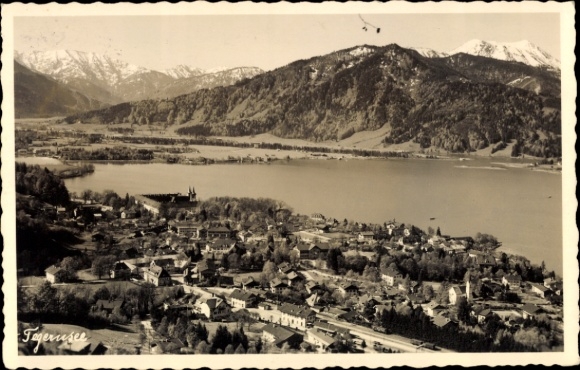 Postcard Tegernsee in Upper Bavaria, mountain landscape, houses, water, mountains