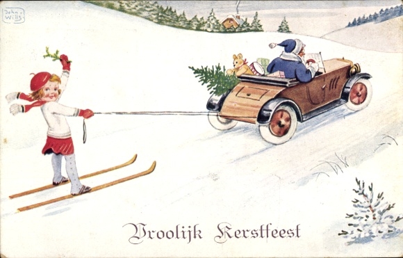 Künstler Ak Wills, John, Frohe Weihnachten, Weihnachtsmann, Auto, Ski, Geschenke, Tannenbaum