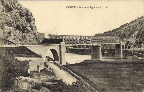 Postcard Anduze Gard, bridge, metallic construction, river, track, rock