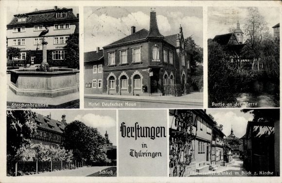 Postcard Gerstungen in Thuringia, Stork Fountain, Hotel Deutsches Haus, Castle, part of the Werra, B