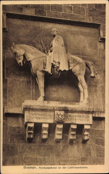 Postcard Schnoor Bremen, Moltke monument, equestrian statue, Liebfrauenkirche, inscription