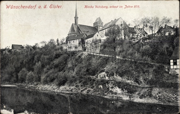 Ak Wunschdorf een. Elster, Veitsbergkerk, rivieroever