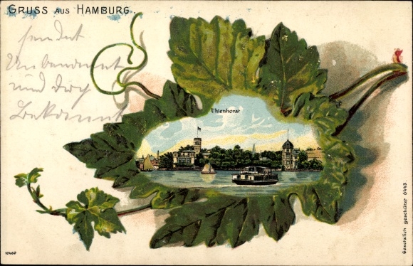 Embossed Weinblatt Chromo-Litho Hamburg North Uhlenhorst, view from the water, ferry house