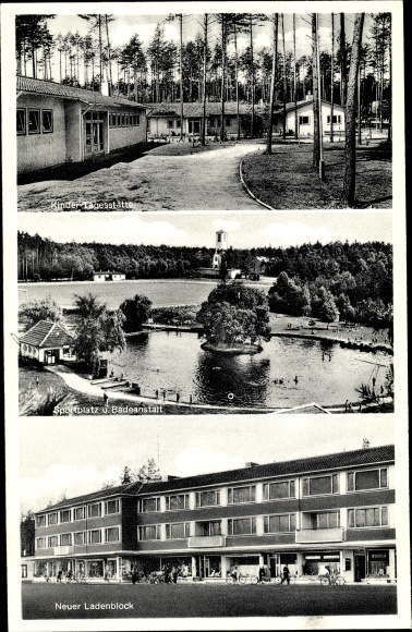 Ak Mittwald Espelkamp in Westfalen, Kindertagesstätte, Freibad, Sportplatz, Neuer Ladenblock