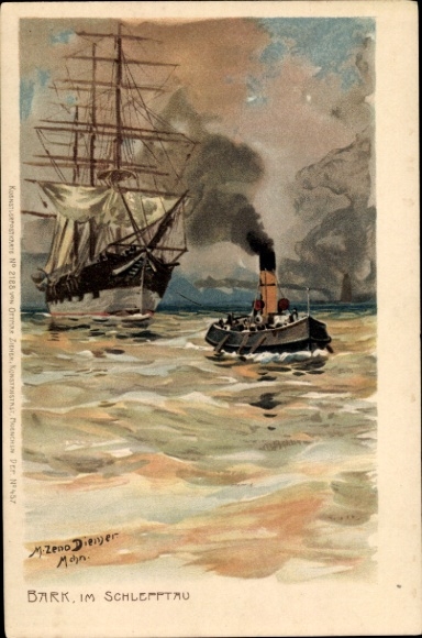 Artist Chromo-Litho Diemer, Zeno, Bark brought upstream by tugboat