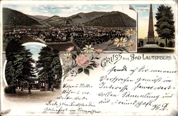 Ak Bad Lauterberg im Harz, kuuroord, bergen, Ritscher-monument, bloemen