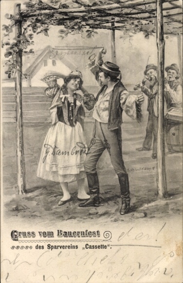 Postcard Farmers' Festival of the Cassette Savings Association, folk costumes