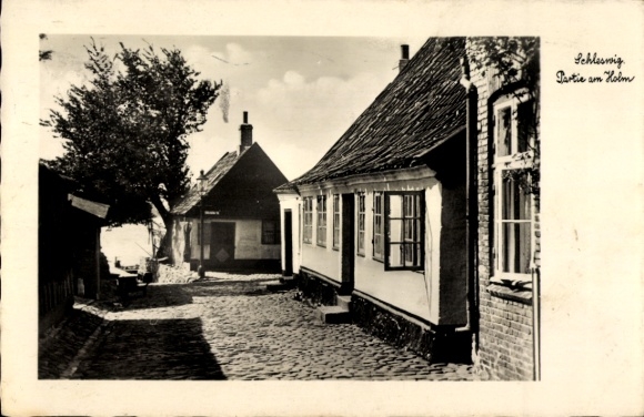 Ak Schleswig aan de Schlei, onderdeel van de Holm, woonwijk, smal steegje, echte fotografie