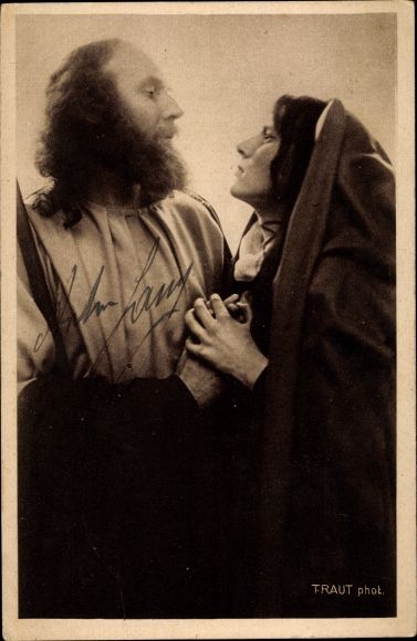 Ansichtkaart Oberammergau in Opper-Beieren, Passiespel 1922, Jezus en Maria, Anton Lang, handtekening