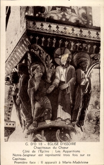 Postcard Issoire Puy de Dôme, Eglise d' Chapiteaux, Les Apparitions, Notre-Seigneur, Marie-Madeleine