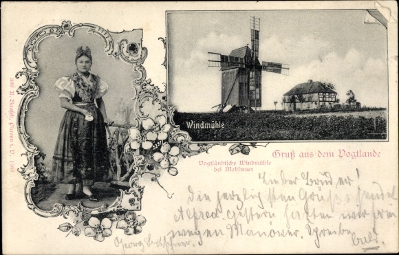 Ak Mehlteuer Rosenbach Vogtland, Vogtland molen, vrouw in kostuum