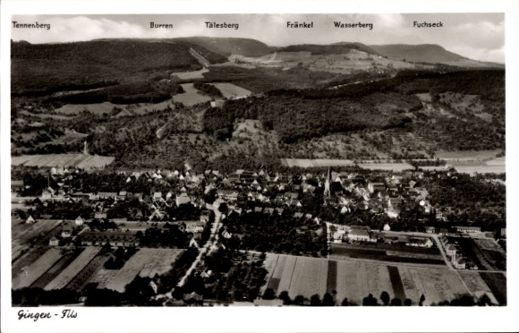 Postcard Gingen an der Fils, aerial photograph, Tennenberg, Burren, Tälesberg, Fränkel, Wasserberg, Fuchseck