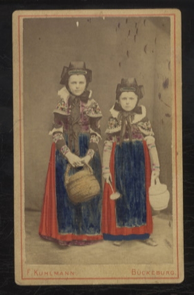 CdV photography coloured, two girls in traditional costume, Bückeburg / Lower Saxony