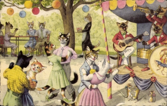Ak Katzen feiern ein Fest, Tanzen, Musikband, Mäuse, Gartenparty