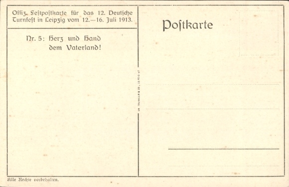 Artist Chromo-Litho Liebing, Leipzig in Saxony, 12th German Gymnastics Festival 1913, Heart and Hand to the Fatherland