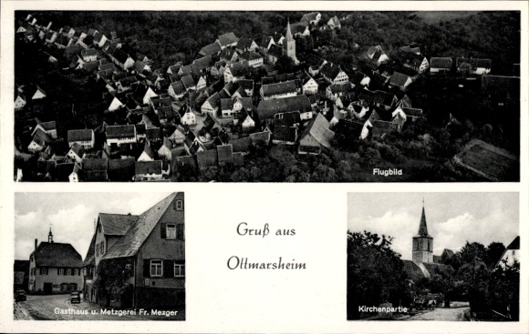 Postcard Ottmarsheim Besigheim am Neckar Württemberg, aerial photograph, Gasthaus Fr. Mezger, church