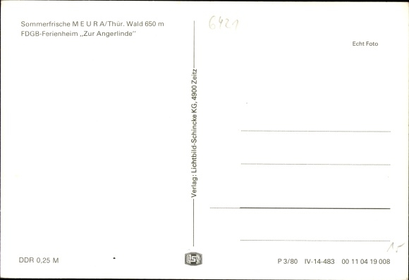 Postcard Meura in the Thuringian Forest, FDGB Ferienheim Zur Angerlinde, cars