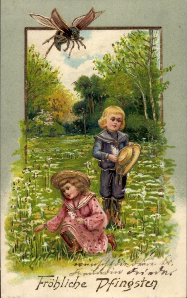 Litho Ein frohes Pfingstfest, Kinder pflücken Blumen, Maikäfer