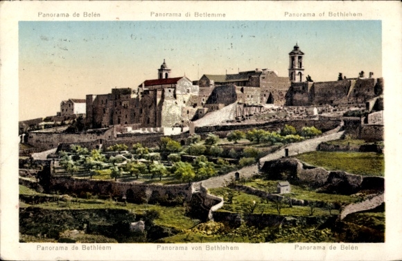 Ak Bethlehem Palästina, Panorama von  Garten, Stadtmauer,  Gebäude