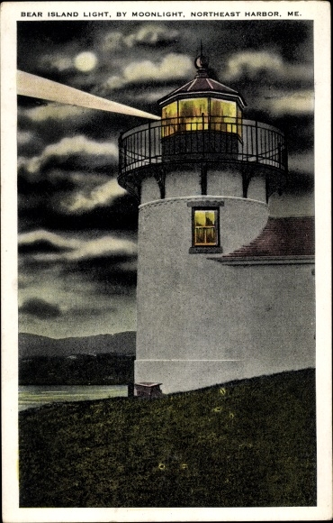 Postcard Northeast Harbor Maine USA, Bear Island light in moonlight
