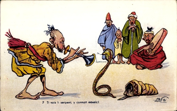 Artist Postcard Neri, F., snake charmer, drummer, spectator