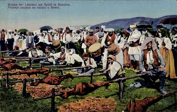 Postcard Bosnia Herzegovina, Roasting lambs on a spit