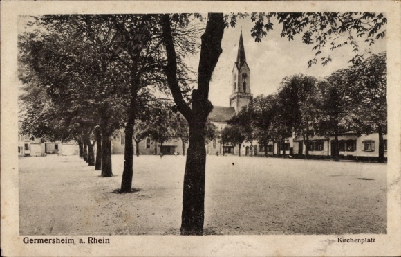 Postcard Germersheim am Rhein, church square, trees, architecture, black and white picture