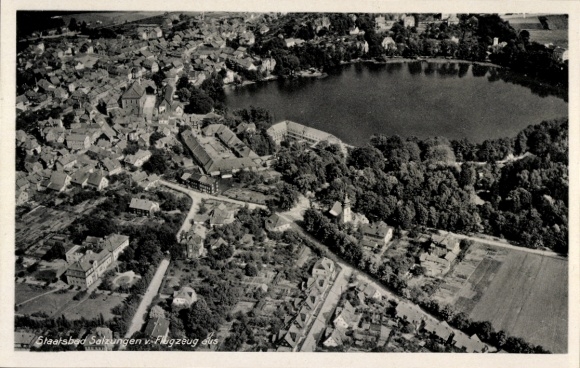 Postcard Bad Salzungen in Thuringia, aerial view of cityscape, lake, buildings