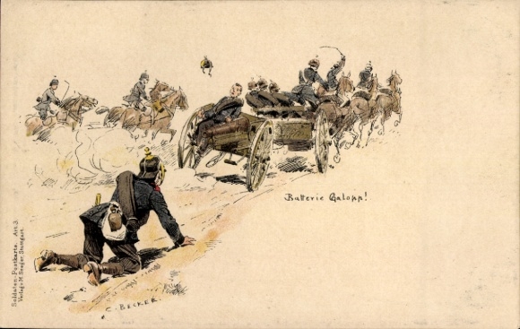 Kunstenaar litho Becker, C., Batterij Gallop, Duitse soldaten, Keizerlijke periode