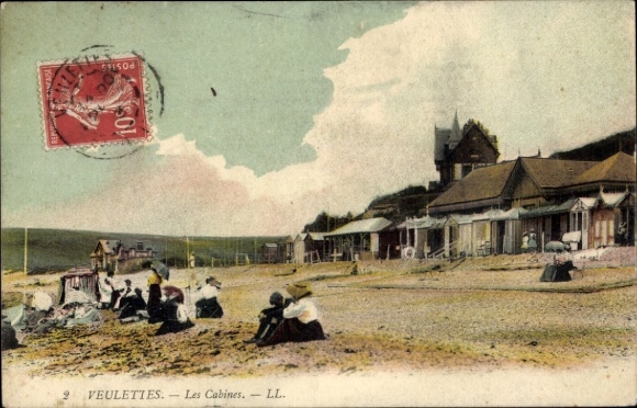 Postcard Veulettes sur Mer Seine Maritime, beach, cabins