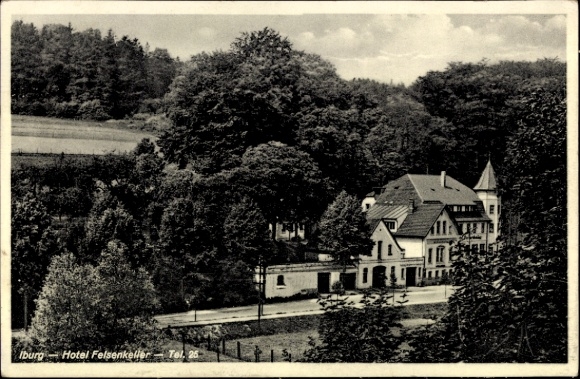 Ak Bad Iburg am Teutoburger Wald, Hotel Felsenkeller, Landschaft, Bäume, Gebäude