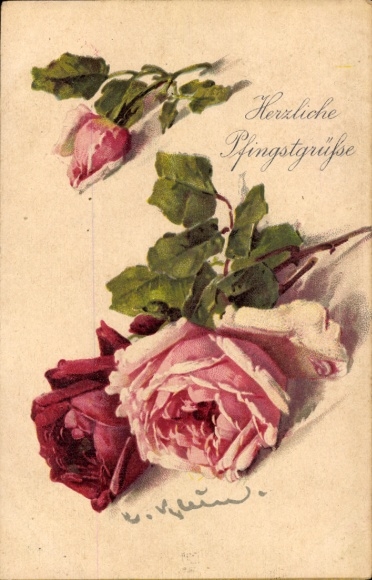 Artist Postcard Klein, Catharina, Happy Pentecost, Roses
