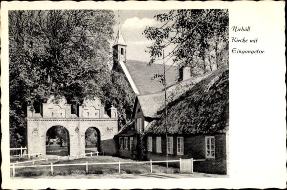 Postcard Niebüll in North Friesland, church with entrance gate
