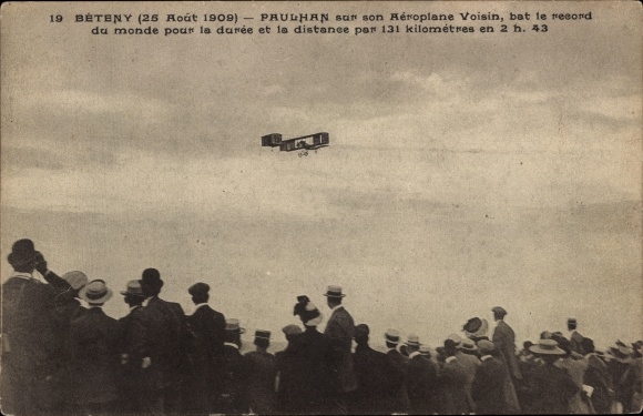 Postcard Beteny, 25 August 1909, Paulhan sur son Airplane Voisin, double decker
