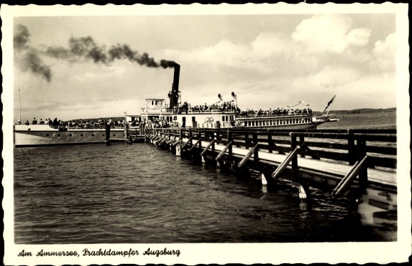 Postcard Ammersee, magnificent steamer Augsburg, landing stage