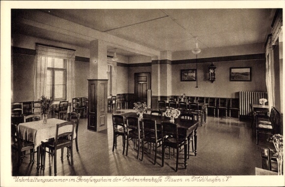 Postcard Mühlhausen Bad Elster Vogtland, entertainment room convalescent home of the local health insurance fund Plauen