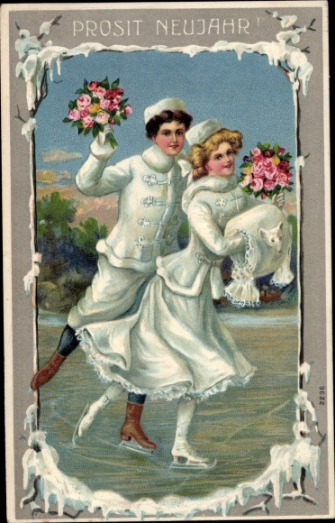 Winter Chromo-Litho Happy New Year, couple ice skating with flowers